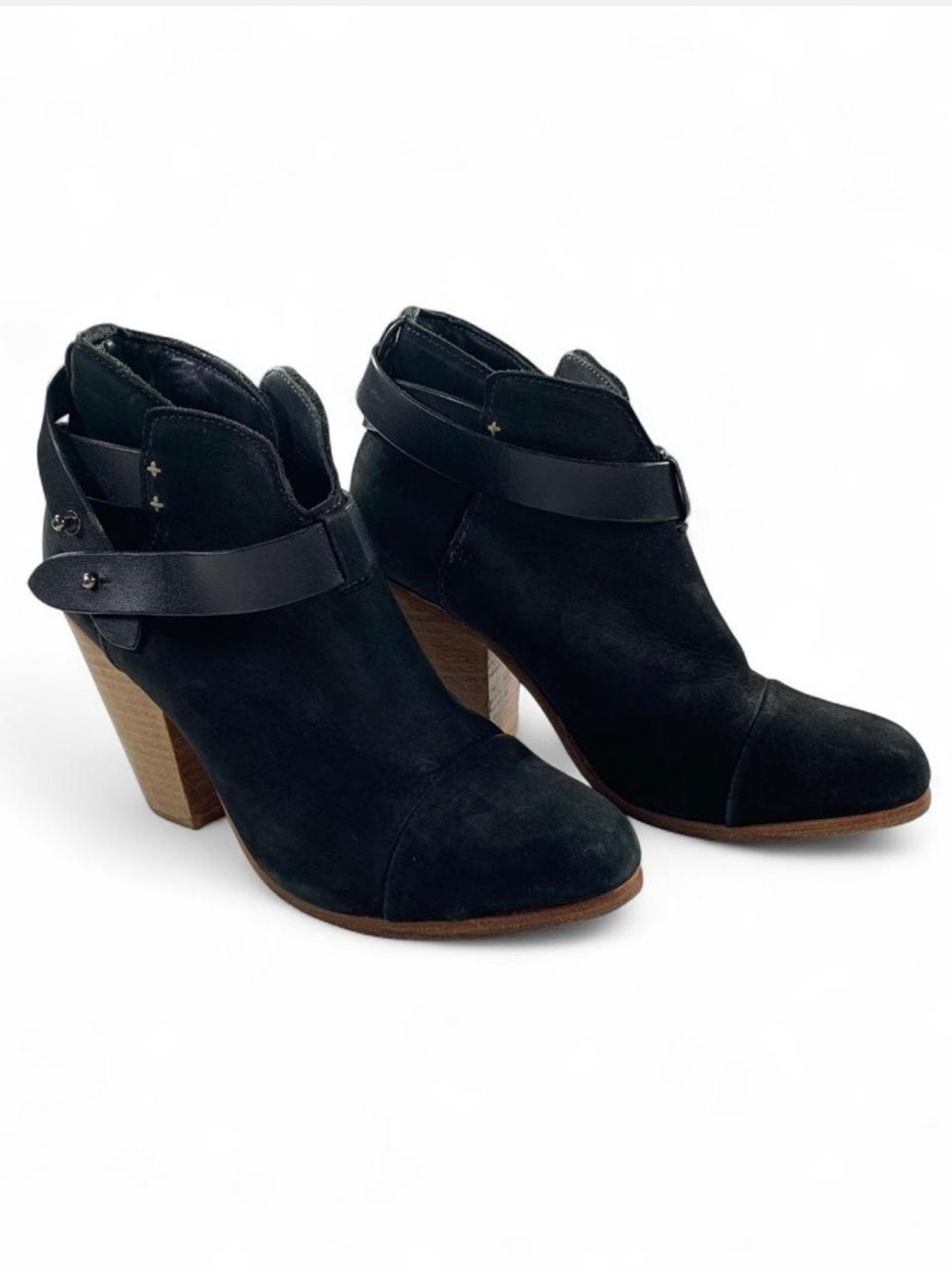 Rag & Bone Harrow Black Leather Ankle Boots with Strap Wood Heel Whimsigoth 7